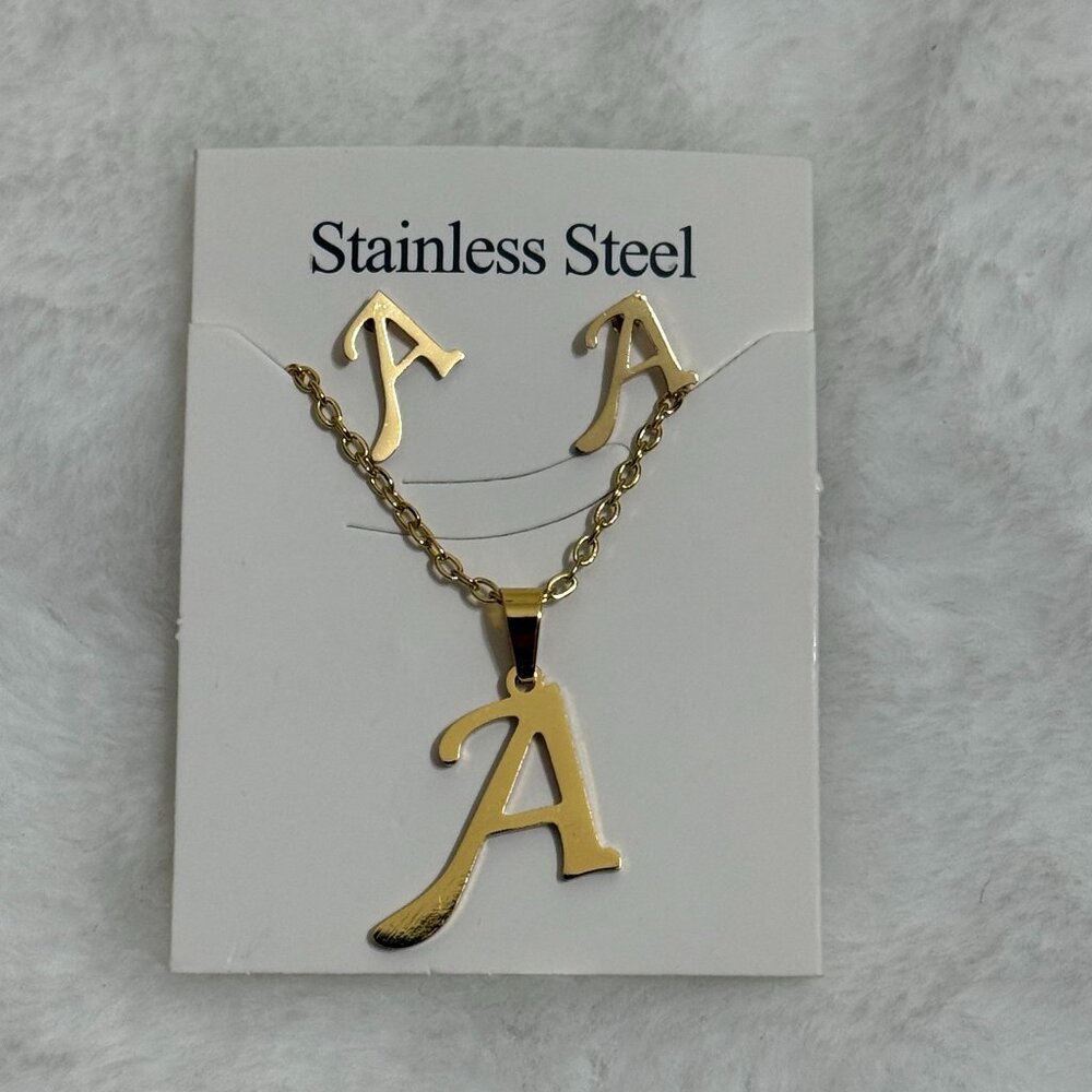 Gold Tone Initial "A" Necklace & Stud Earrings Set Stainless Steel NEW